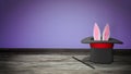 Magician hat. Rabbit ears stick out with a black top hat with a red ribbon and a magic wand. Purple background with