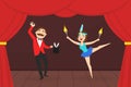 Magician and His Assistant Girl Performing on Stage, Magic show with Girl Doing Acrobatic Exercise Vector Illustration Royalty Free Stock Photo