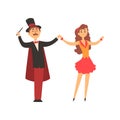 Magician and his assistant girl standing with smiling faces. Moustached man in suit with red cape and top hat. Curly