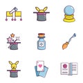 Magician icons set, flat style