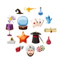 Magician icons set items, cartoon style