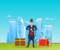 Magician, illusionist, on background of modern buildings, eco-friendly city.