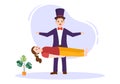 Magician Illusionist Conjuring Tricks and Waving a Magic Wand above his Mysterious Hat on a Stage in Hand Drawn Illustration