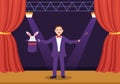 Magician Illusionist Conjuring Tricks and Waving a Magic Wand above his Mysterious Hat on a Stage in Hand Drawn Illustration