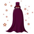 Magician illusionist in a purple robe is covered. Mysterious look. Only the eyes are visible. Around the magic stars