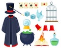 Magician items flat vector illustrations set. Illusionist mantle, cylinder hat and stick isolated pack. Mystery show