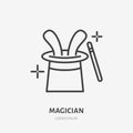 Magician line icon. Vector logo for illusionist, party service or event agency. Linear illustration of magic wand and