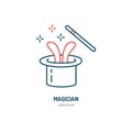 Magician line icon. Vector logo for illusionist, party service or event agency. Linear illustration of magic wand