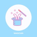 Magician line icon. Vector logo for illusionist, party service or event agency. Linear illustration of magic wand and Royalty Free Stock Photo