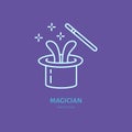 Magician line icon. Vector logo for illusionist, party service or event agency. Linear illustration of magic wand and Royalty Free Stock Photo