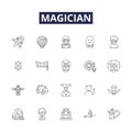 Magician line vector icons and signs. show, performance, background, entertainment, magic, trick, hat,black outline