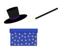 Magician, magic wand blue bow with stars and wizard black hat is Royalty Free Stock Photo