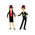 Magician with magic wand and his female assistant in elegant black suit and top hat, circus performers vector