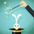 Magician with magic wand and a rabbit in a hat. Royalty Free Stock Photo