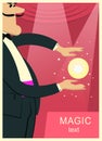 Magician man in black suit doing trick with magic sphere.Vector Royalty Free Stock Photo