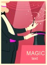 Magician man doing a trick with Magic wand and black magic hat o Royalty Free Stock Photo