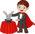 Magician performing his trick rabbit appearing from a magic top hat Royalty Free Stock Photo