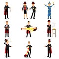 Magician performing a magic show set of vector Illustrations