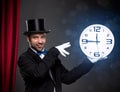 Magician performing a magic trick with clock