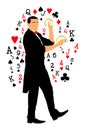 Magician performing trick with cards vector illustration isolated on white background. Magic performer illusionist.