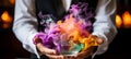 Magician performing tricks with colorful smoke and floating objects in blurred bokeh effect