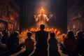 A magician performs tricks in front of an audience. Many children seated on floor