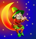 magician plays on flute sitting on moon in the night