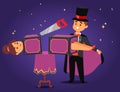 Magician prestidigitator illusionist vector character tricks juggler vector illustration magic conjurer show cartoon man