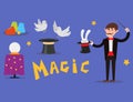 Magician prestidigitator illusionist character tricks juggler vector illustration magic conjurer show cartoon man Royalty Free Stock Photo