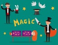 Magician prestidigitator illusionist character tricks juggler vector illustration magic conjurer show cartoon man Royalty Free Stock Photo