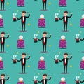 Magician prestidigitator illusionist character tricks seamless pattern vector illustration magic conjurer show cartoon