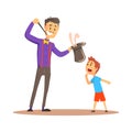 Magician pulling out a rabbit from his top hat before happy boy, circus or street actor colorful cartoon detailed vector Royalty Free Stock Photo