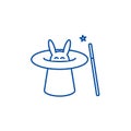 Magician with rabbit,magic hat, wand trick line icon concept. Magician with rabbit,magic hat, wand trick flat vector