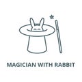 Magician with rabbit,magic hat, wand trick vector line icon, linear concept, outline sign, symbol