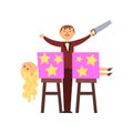 Magician sawed assistant body into two halves. Trick with magic box. Cartoon man character in elegant suit with saw in