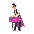 Magician Sawing Woman, Illusionist Character in Cape Performing at Magic Show Cartoon Style Vector Illustration Royalty Free Stock Photo