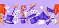 Magician seamless pattern with magic items. Illusionist show or performance background. Cartoon style illustration of Royalty Free Stock Photo