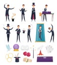 Magician. Show performer in costume and items cards rabbit in hat magic handkerchiefs wand cards steel deck vector Royalty Free Stock Photo