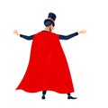 Magician Showman. Young male entertainer, presenter or actor wearing suit, red cloak and top hat on stage. Back, arms to