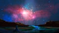 Magician stand in cci-fi landscape with river, rock and colorful nebula, digital painting. Elements furnished by NASA