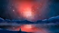 Magician stand in sci-fi landscape with reflection on lake, river mountain, rock, fog and colorful nebula. Digital painting.