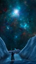 Magician standing on mountain landscape canyon with lake and celestial blue nebula. Digital painting, 3D rendering