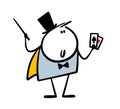 Magician stickman on stage in the theater shows an unusual trick with playing cards. Vector illustration of a man in a Royalty Free Stock Photo