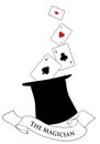 The Magician. Text banner. Hat with four aces out of it isolated on white background