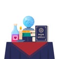 Magician tools cute composition. Wizard magic mystery amulet, spell book, crystal ball, magic bottle with elixir. Vector Royalty Free Stock Photo