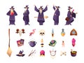 Magician tools. Various old wizards characters cartoon style, mystery sorceress witchcraft with magic occult mystic