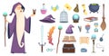 Magician tools. Wizard magic mystery broom potion witch hat and spell book vector cartoon pictures