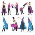 Magicians Doing Tricks Set, Illusionist and Wizard Characters Performing at Magic Show Cartoon Style Vector Illustration Royalty Free Stock Photo