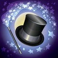 Wizards hat and a magic wand on stars background. Royalty Free Stock Photo