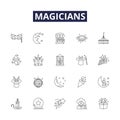 Magicians line vector icons and signs. Sorcerer, Illusionist, Wizard, Conjurer, Enchantress, Warlock, Mystic, Charlatan